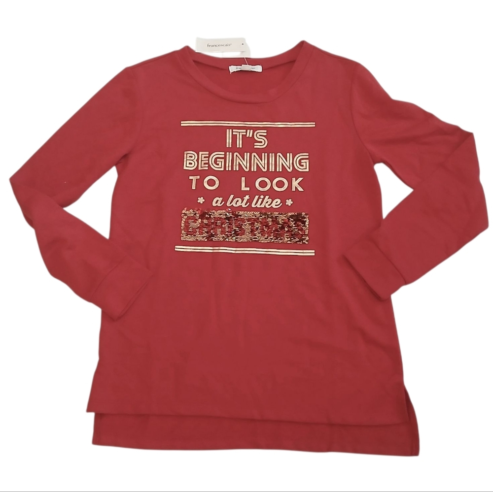 Francesca's Long Sleeve Christmas Top Red w/ Gold Sequins Small NWT